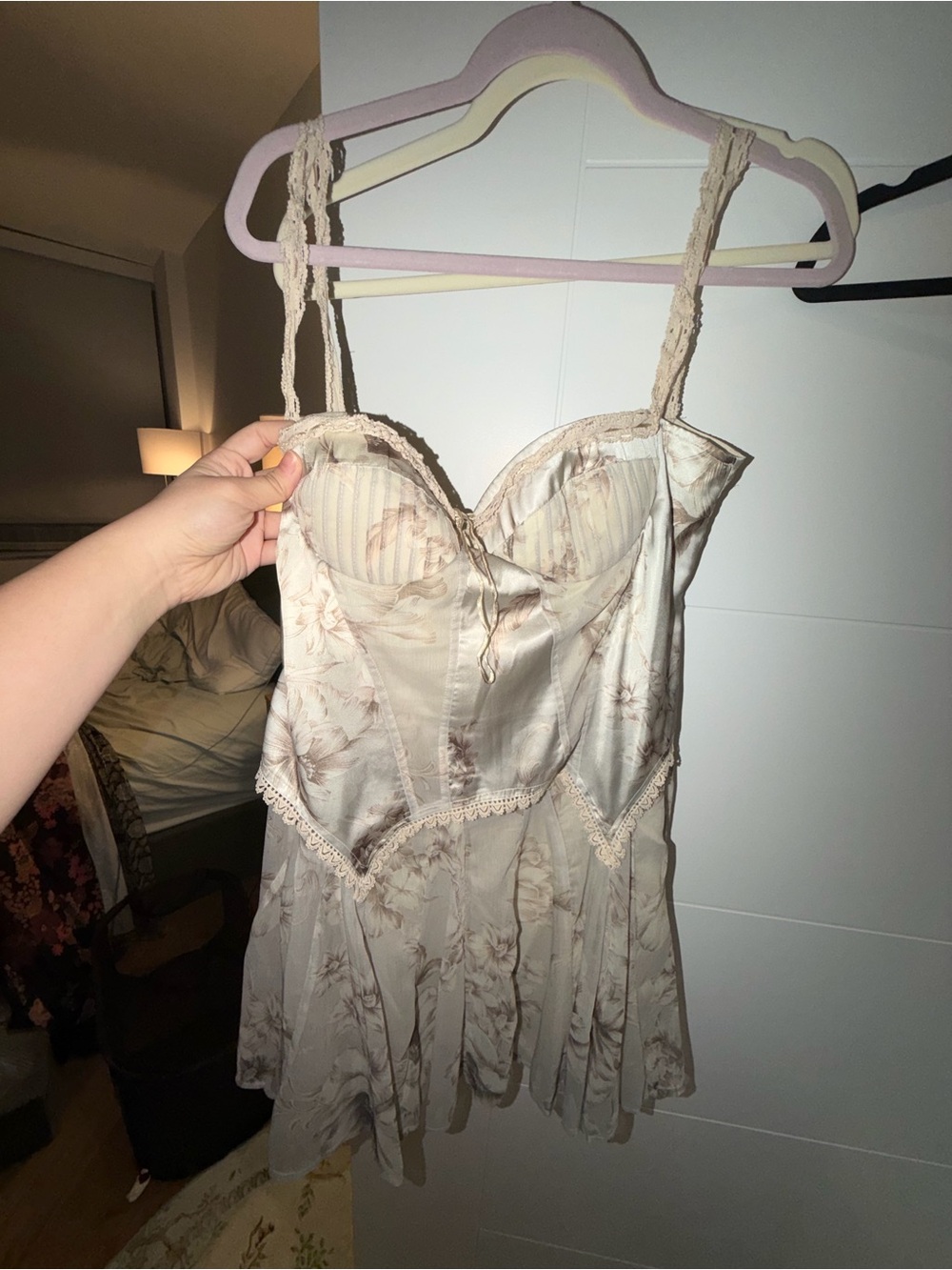 Asos Cream Floral Satin Mini Dress with Lace Trim